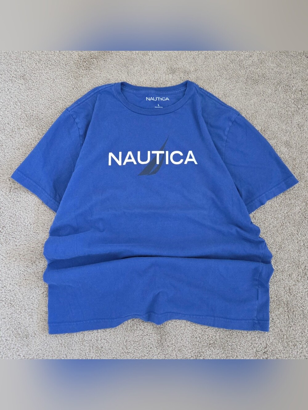 Y2K Nautica Blue Crew Neck Tee With White Logo Men's L